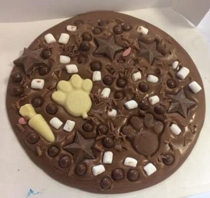 A fully loaded Chocolate Pizza made at one of our Chocolate Pizza Parties